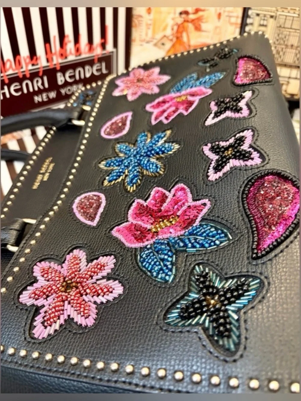 HENRI BENDEL West 57th Embellished Floral Appliqué Satchel w/dusty-shopping bag